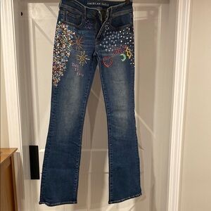 American Eagle Outfitters Blue Flare Jeans with Embellishments